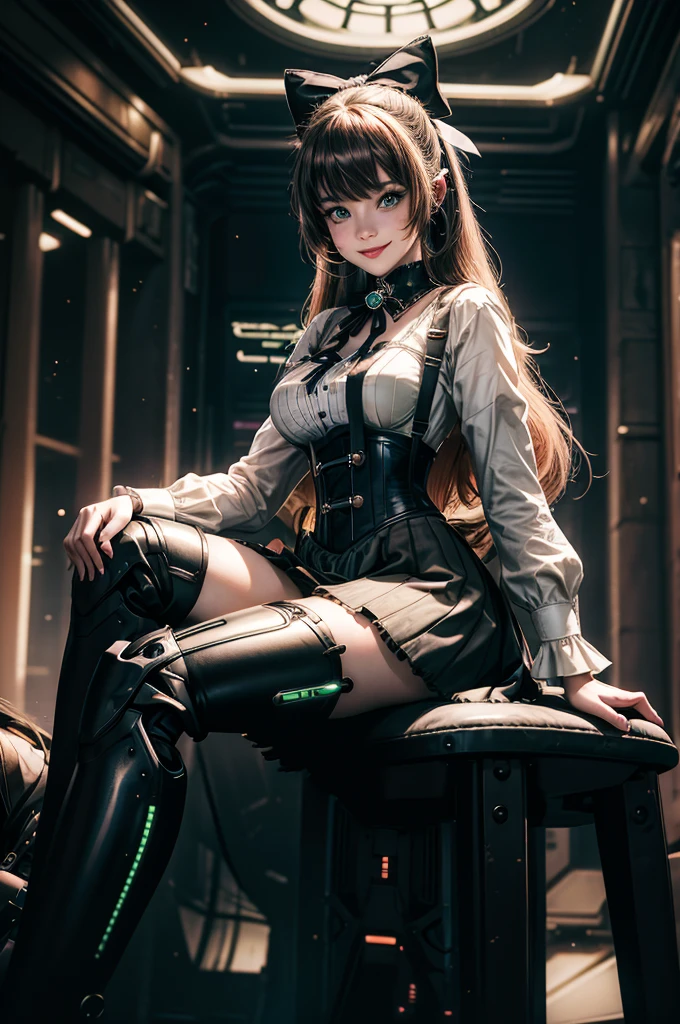 1girl, solo, cowboy shot,  smile,  underbust, Penny Polendina, long hair, neck ribbon, suspender skirt, corset, black bow, white blouse, mechanical legs, neon trim, indoors, sitting in cyberpunk library, crowd, (crowd wearing cyberpunk fashion)

