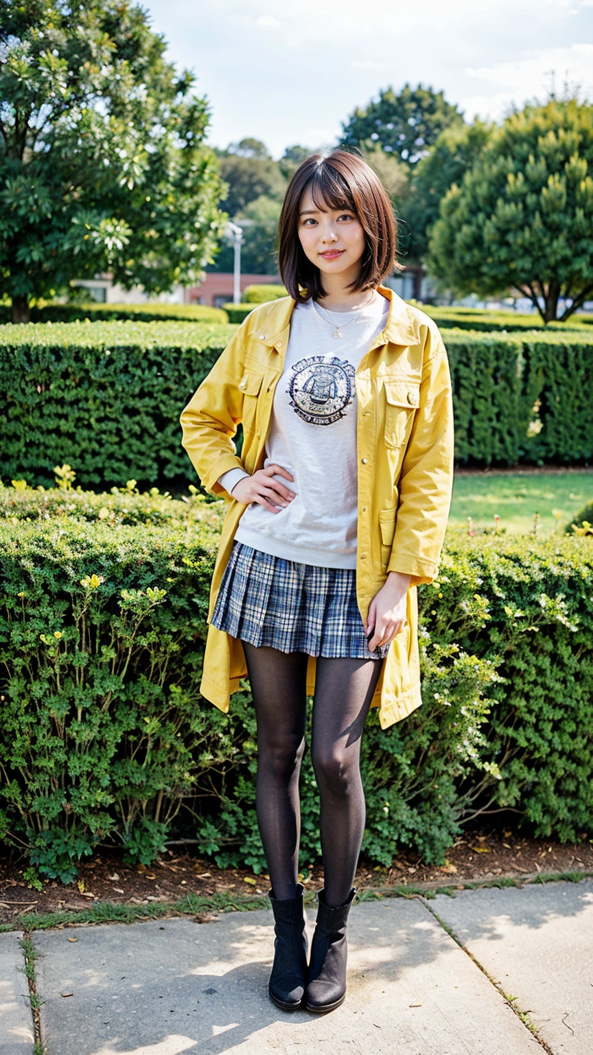 (8K、RAW Photos、Highest quality、masterpiece:1.2)、(Realistic、Realistic)、1 Girl、((Medium Hair、Yellow Jacket、tights、Black pleated mini skirt、boots、Big Breasts、whole body、garden、smile、View from the front、Looking into the camera、Stand with hands on hips))、