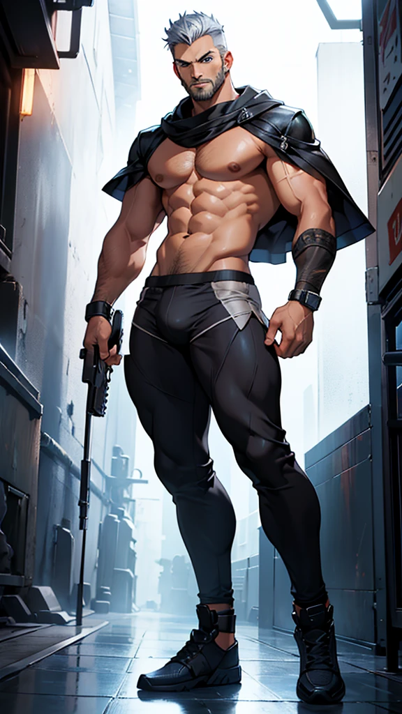 young muscular man, rectangular body, trapezoidal head, with blue eyes, Latin features with a gunslinger-style beard and short silver hair, in short tight underwear, shirtless and tanned skin, posing standing, full body image