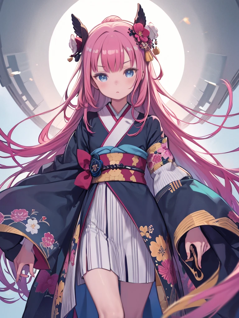 masterpiece, Highest quality,lacas-bk, One girl, alone, Long Hair, Pink Hair, very Long Hair, blue eyes, hair ornaments, kimono, Removable sleeves