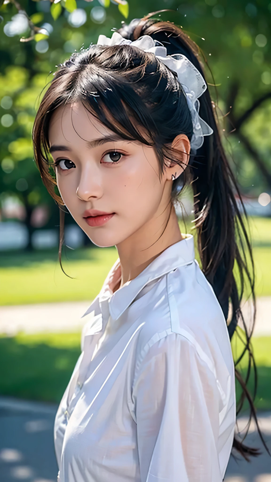 White collared shirt,jeans,outdoors,Urban Park,On the lawn,One woman,close up face,fully body photo,masutepiece, The highest image quality, High quality, the background is clear，Beautiful woman, Japanese, Detailed, Ultra-detailed, finely detail, hight resolution, 8K Wallpaper, Perfect dynamic composition, Beautiful detailed eyes ,Detailed eyes, Detailed skin, Beautiful skin, 超hight resolution, (reality: 1.4),Very beautiful woman, Slightly younger face, Beautiful skin, slender, (Ultra photo realsisim), (hight resolution), (8K), (Very detailed) (beautifully detailed eyes), (super detailed),   (Detailed face), view the viewer, Fine details, Detailed face, Staring straight ahead, Staring straight ahead, photos realistic, Bright lighting, Professional Lighting, Black hair,poneyTail,a baby face,sixteen years old,Hairstyle: ponytail,Long ponytail hairstyle,slight smile,
