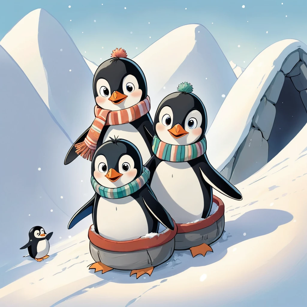 The three penguin children Fridolin, Fips and Frieda jumped out of their cozy igloo full of anticipation