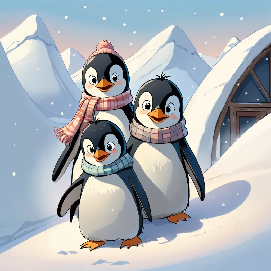 The three penguin children Fridolin, Fips and Frieda jumped out of their cozy igloo full of anticipation