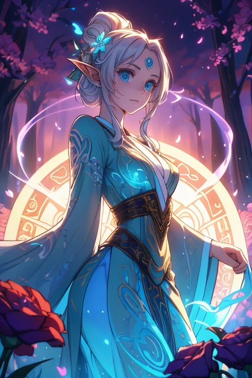 (((Wood elves floating above the forest, Tearing flowers in the forest ))) green hair, body, Radial glow, white fern flowers, Optical, Panoramic lighting, atmospheric perspective, dawn, Smoothing: 5D, Light painting, Color, beautiful countenance, clear facial features, symmetrical transparent wings, impressive detail.  ((torso)), best quality, Artwork, a Japanese woman with ((White hair with luminescence)), ((detailed pearl blue eye)), highly detailed goddess soul, character focus, Alone, (Swirl Style Magical), Alone, front view, front view, looking at viewer, detailed face, ((Luminescent Lighting Magic Circle Theme)), perched on a ledge, tight neon body, light stripes, dark abyssal wanderer abstract, (( Simple Luminescence Neon Dress), inscribed with mystical runes, dystopian outdoor background.  Magic plant ghost flower from the abyss, Image of an enchanted witch encountering an alien life form, Lit by bioluminescent plants, Very detailed, Ultra-realistic, 10k high resolution, Gouache style, doodle art, Lawn, Art Nouveau influences , Considering the, and future, Art of cryptography of the incredible moon,
