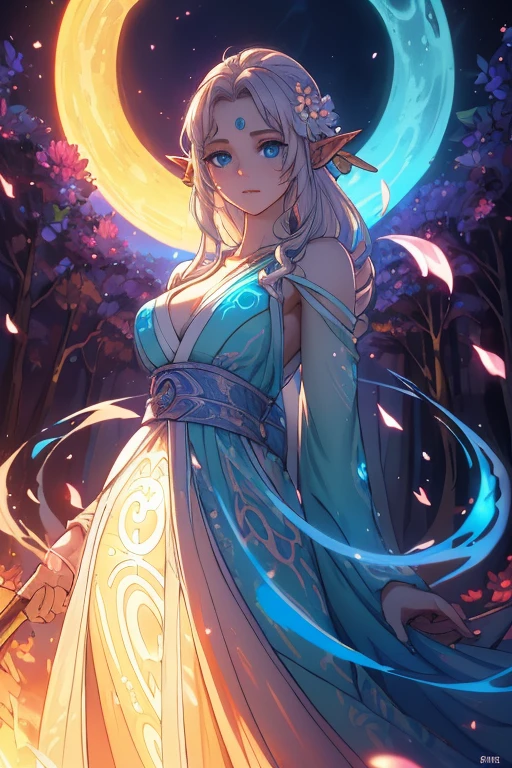 (((Wood elves floating above the forest, Tearing flowers in the forest ))) green hair, body, Radial glow, white fern flowers, Optical, Panoramic lighting, atmospheric perspective, dawn, Smoothing: 5D, Light painting, Color, beautiful countenance, clear facial features, symmetrical transparent wings, impressive detail.  ((torso)), best quality, Artwork, a Japanese woman with ((White hair with luminescence)), ((detailed pearl blue eye)), highly detailed goddess soul, character focus, Alone, (Swirl Style Magical), Alone, front view, front view, looking at viewer, detailed face, ((Luminescent Lighting Magic Circle Theme)), perched on a ledge, tight neon body, light stripes, dark abyssal wanderer abstract, (( Simple Luminescence Neon Dress), inscribed with mystical runes, dystopian outdoor background.  Magic plant ghost flower from the abyss, Image of an enchanted witch encountering an alien life form, Lit by bioluminescent plants, Very detailed, Ultra-realistic, 10k high resolution, Gouache style, doodle art, Lawn, Art Nouveau influences , Considering the, and future, Art of cryptography of the incredible moon,