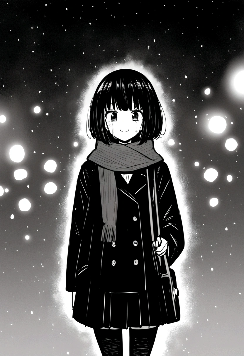 masterpiece, best quality, 1girl, mamerakkkkko, grayscale, manga style, japanese, chi no wadachi, black eyes, street, iced, black hair, schoolbag, smile, lineart, black coat, black scarf, black pleated skirt, leggins, centered, 18 years old, tall, fair skinned, bokeh background, crying, tears, straight-on, tears streaming, bob cut, light particles, centered, snowing
