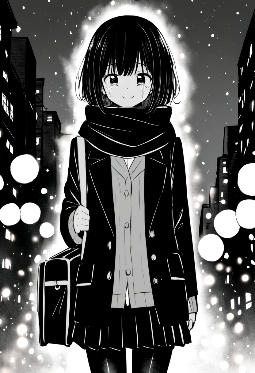 masterpiece, best quality, 1girl, mamerakkkkko, grayscale, manga style, japanese, chi no wadachi, black eyes, street, iced, black hair, schoolbag, smile, lineart, black coat, black scarf, black pleated skirt, leggins, centered, 18 years old, tall, fair skinned, bokeh background, crying, tears, straight-on, tears streaming, bob cut, light particles, centered, snowing
