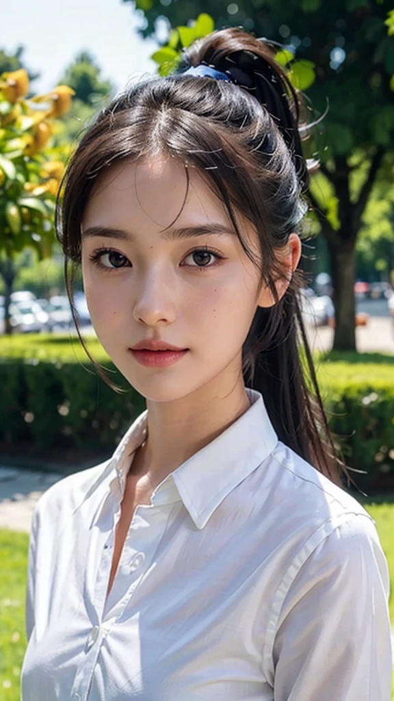White collared shirt,jeans,outdoors,Urban Park,On the lawn,One woman,close up face,fully body photo,masutepiece, The highest image quality, High quality, the background is clear,Beautiful woman, Japanese, Detailed, Ultra-detailed, finely detail, hight resolution, 8K Wallpaper, Perfect dynamic composition, Beautiful detailed eyes ,Detailed eyes, Detailed skin, Beautiful skin, 超hight resolution, (reality: 1.4),Very beautiful woman, Slightly younger face, Beautiful skin, slender, (Ultra photo realsisim), (hight resolution), (8K), (Very detailed) (beautifully detailed eyes), (super detailed), (Detailed face), view the viewer, Fine details, Detailed face, Staring straight ahead, Staring straight ahead, photos realistic, Bright lighting, Professional Lighting, Black hair,poneyTail,a baby face,sixteen years old,Hairstyle: ponytail,Long ponytail hairstyle,slight smile,