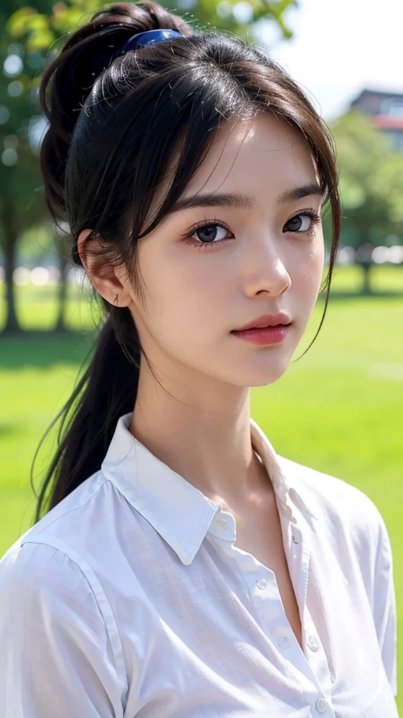 White collared shirt,jeans,outdoors,Urban Park,On the lawn,One woman,close up face,fully body photo,masutepiece, The highest image quality, High quality, the background is clear,Beautiful woman, Japanese, Detailed, Ultra-detailed, finely detail, hight resolution, 8K Wallpaper, Perfect dynamic composition, Beautiful detailed eyes ,Detailed eyes, Detailed skin, Beautiful skin, 超hight resolution, (reality: 1.4),Very beautiful woman, Slightly younger face, Beautiful skin, slender, (Ultra photo realsisim), (hight resolution), (8K), (Very detailed) (beautifully detailed eyes), (super detailed), (Detailed face), view the viewer, Fine details, Detailed face, Staring straight ahead, Staring straight ahead, photos realistic, Bright lighting, Professional Lighting, Black hair,poneyTail,a baby face,sixteen years old,Hairstyle: ponytail,Long ponytail hairstyle,slight smile,