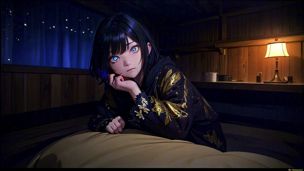 gold yellow eyes, black hair, short hair, (at night, darkness, no light:1.4), glowing gold eyes, she's wearing pajamas, black shorts, dark shirt, wearing dark hoodie, pajamas bottoms, girl in middle, looking at viewer, indoors, inside hotel room, (masterpiece:1.2), best quality, high resolution, unity 8k wallpaper, (illustration:0.8), (beautiful detailed eyes:1.6), extremely detailed face, perfect lighting, extremely detailed CG, (perfect hands, perfect anatomy), night view indoors