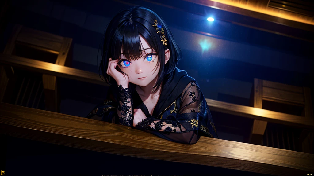 gold yellow eyes, black hair, short hair, (at night, darkness, no light:1.4), glowing gold eyes, she's wearing pajamas, black shorts, dark shirt, wearing dark hoodie, pajamas bottoms, girl in middle, looking at viewer, indoors, inside hotel room, (masterpiece:1.2), best quality, high resolution, unity 8k wallpaper, (illustration:0.8), (beautiful detailed eyes:1.6), extremely detailed face, perfect lighting, extremely detailed CG, (perfect hands, perfect anatomy), night view indoors