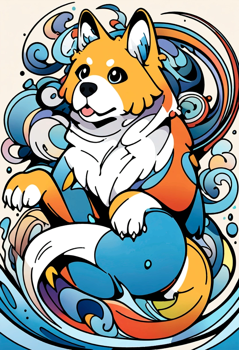 An iconic logo of a vibrantly colored dog, water elements, design simples, vectorial art, Minimum