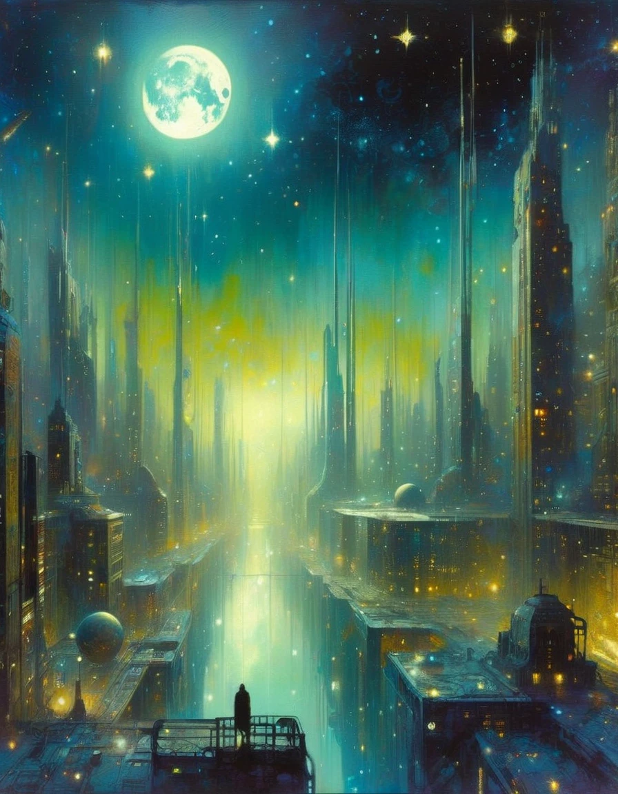 the abandoned future big city, many details,magic, surrealism, fantastic, night sky, medium moon, stars, background, (art inspired by Bill Sienkiewicz). oil painting)
