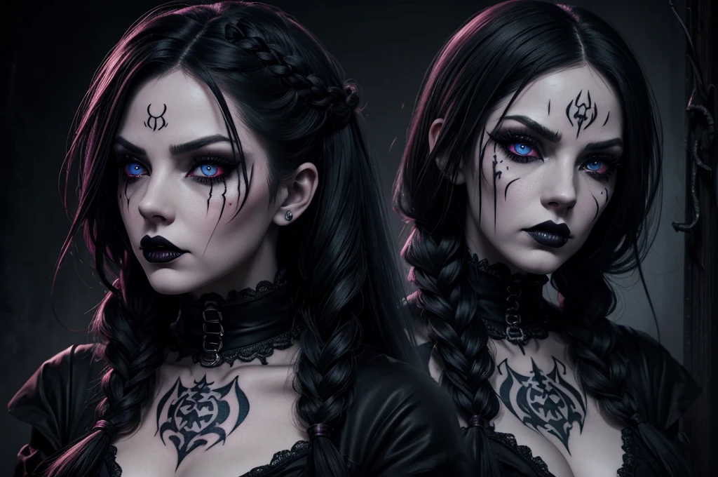 Film noir effect, color effect solo, reaper, Female, scary look, creepy look, horror, sew lips, seductive body, Anime-inspired, huge braid, extremely detailed, gothic clothing, tattooed, frowning, dark theme, heterochromia, terrifying, colored eyes and lips, Satanic Symbols