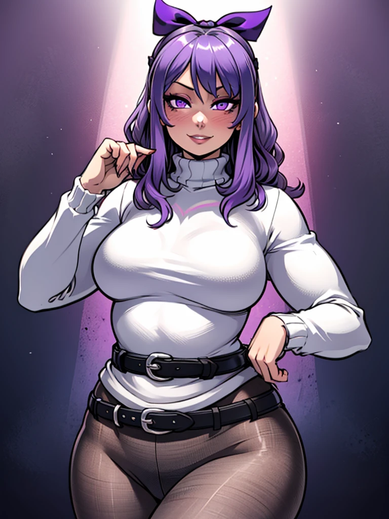 high_aesthetic,art by Lazorchef, ((Masterpiece, best quality, perfect lighting, amazing shading)), perfect anatomy, field of depth, extremely beautiful, long silver hair, hair ribbons, purple eyes, turtleneck sweater, pantyhose, cute smile, (curvy), [belt], blushing, (cowboy shot), (elegant pose), simple background