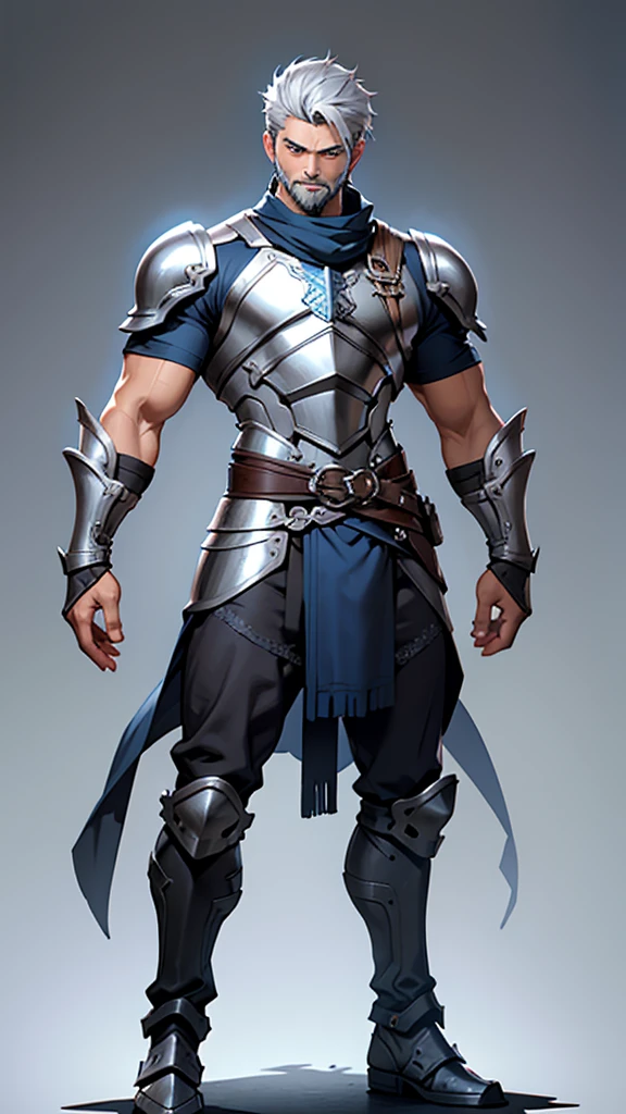 young muscular man, rectangular body, trapezoidal head, with blue eyes, Latin features with a gunslinger-style beard and short silver hair, wearing silver armor and tan skin, posing standing, full body image  