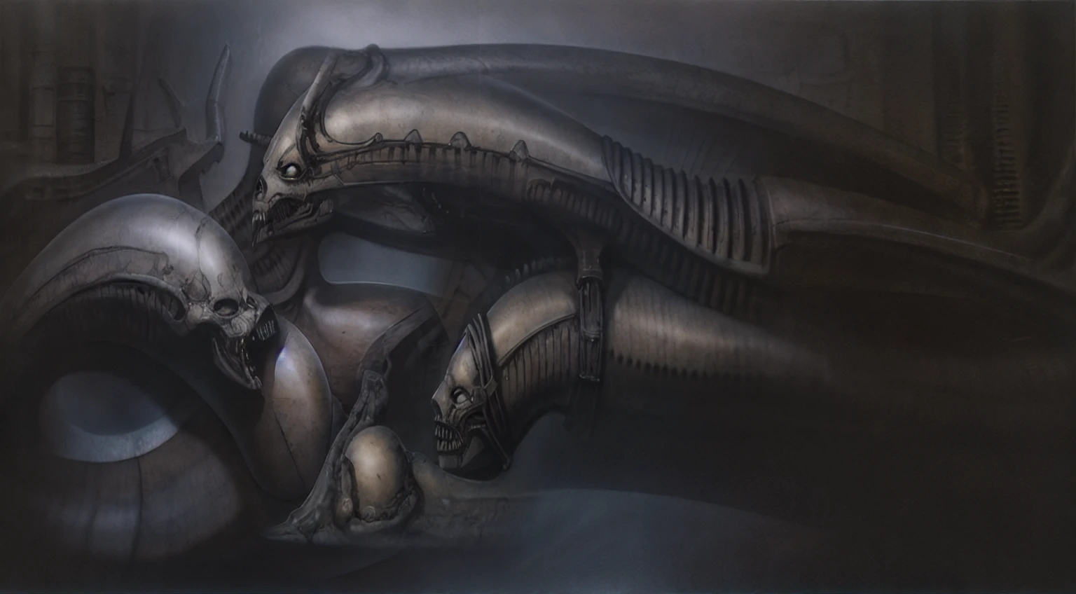 The image is a detailed view of H.R. Giger's \" Landscape XVI \" plate, featuring a complex network of bones and organs in a purple-brown hue ,swirling gray and brown colors. The artwork is silver and purplish brown, with an ivory bones prominently displayed. The image is highly detailed and intricate, almost like a 3d version of a medical diagram
The image is an artistic representation of a mechanical structure with pipes and gears, with a skeletal creature and a windmill blade.
biomechanical landscape by Hans Rudie Giger composed of fossilized and mummified alien life forms. Image depicts a strange and dreamlike, combines biological and mechanical ,managed to dreamlike quality. Centralized recognizable shapes of skulls, rib cages, and spines, all intertwined with tubes and cables. These shapes suggest fossilized mummified alien life forms. Central skeletal structures and what appears to be a ribcags of ivory in the foreground are the most identifiable organic elements. The mechanical elements are evident in the wires and tubes emanating from the skeletals, as well as the smooth metallic tubes. In the background shapes are visible that could be interpreted as other fossilized or mummified alien life.
Light source from the top highlights skeletals, upper part of foreground, lower part of image is in shadow.
The piece is a tableau, most likely created with a India ink pen or pencil on paper, determined by the thin lines, shading techniques, and the texture of the paper, which is visible around the edges.
used is pen, given the shading and variations in line weight visible in the image. One have used a variety of pencils with different degrees of hardness to achieve the shading effects
The style is clearly biomechanical. Features combination of organic and mechanical forms. Mechanical elements dominate the composition, there are subtle organic hints. The use of undersaturated purple-grays dark contrasts creates a stark and graphic look. Is used a variety of l