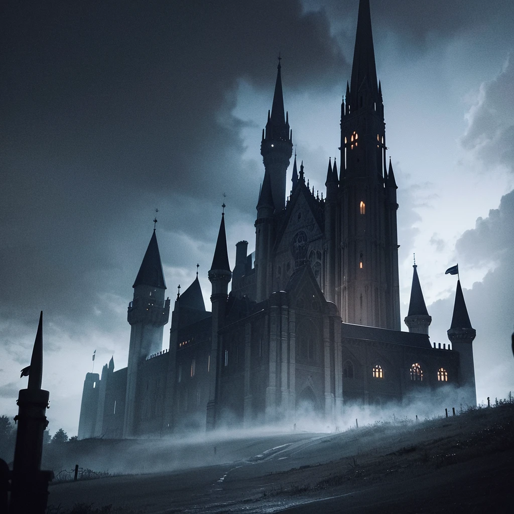 A very big, dark, evil, ominous, eerie castle night time