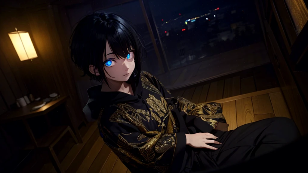 gold yellow eyes, black hair, short hair, (at night, darkness, no light:1.4), glowing gold eyes, she's wearing pajamas, black shorts, dark shirt, wearing dark hoodie, pajamas bottoms, girl in middle, looking at viewer, indoors, inside hotel room, (masterpiece:1.2), best quality, high resolution, unity 8k wallpaper, (illustration:0.8), (beautiful detailed eyes:1.6), extremely detailed face, perfect lighting, extremely detailed CG, (perfect hands, perfect anatomy), night view indoors