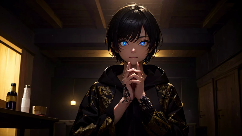 gold yellow eyes, black hair, short hair, (at night, darkness, no light:1.4), glowing gold eyes, she's wearing pajamas, black shorts, dark shirt, wearing dark hoodie, pajamas bottoms, girl in middle, looking at viewer, indoors, inside hotel room, (masterpiece:1.2), best quality, high resolution, unity 8k wallpaper, (illustration:0.8), (beautiful detailed eyes:1.6), extremely detailed face, perfect lighting, extremely detailed CG, (perfect hands, perfect anatomy), night view indoors