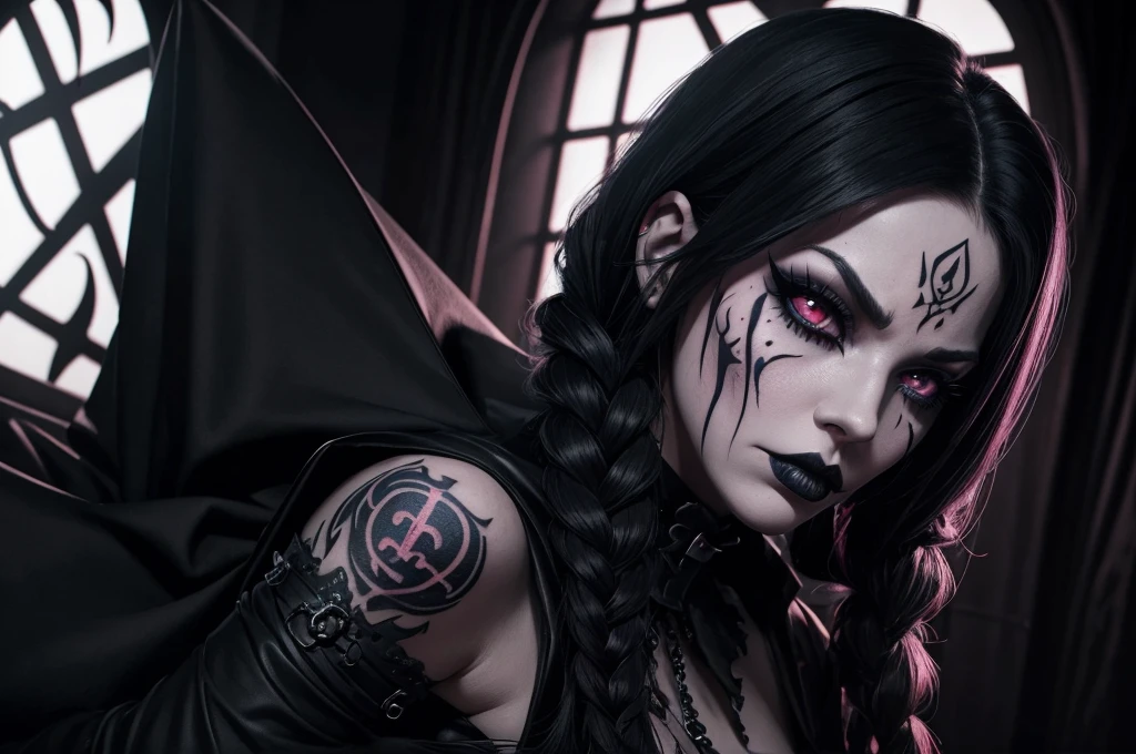 Film noir effect, color effect solo, reaper, Female, scary look, creepy look, horror, sew lips, seductive body, Anime-inspired, huge braid, extremely detailed, gothic clothing, tattooed, frowning, dark theme, heterochromia, terrifying, colored eyes and lips, Satanic Symbols