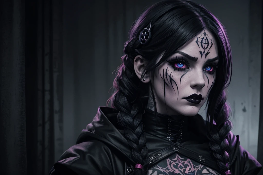 Film noir effect, color effect solo, reaper, Female, scary look, creepy look, horror, sew lips, seductive body, Anime-inspired, huge braid, extremely detailed, gothic clothing, tattooed, frowning, dark theme, heterochromia, terrifying, colored eyes and lips, Satanic Symbols