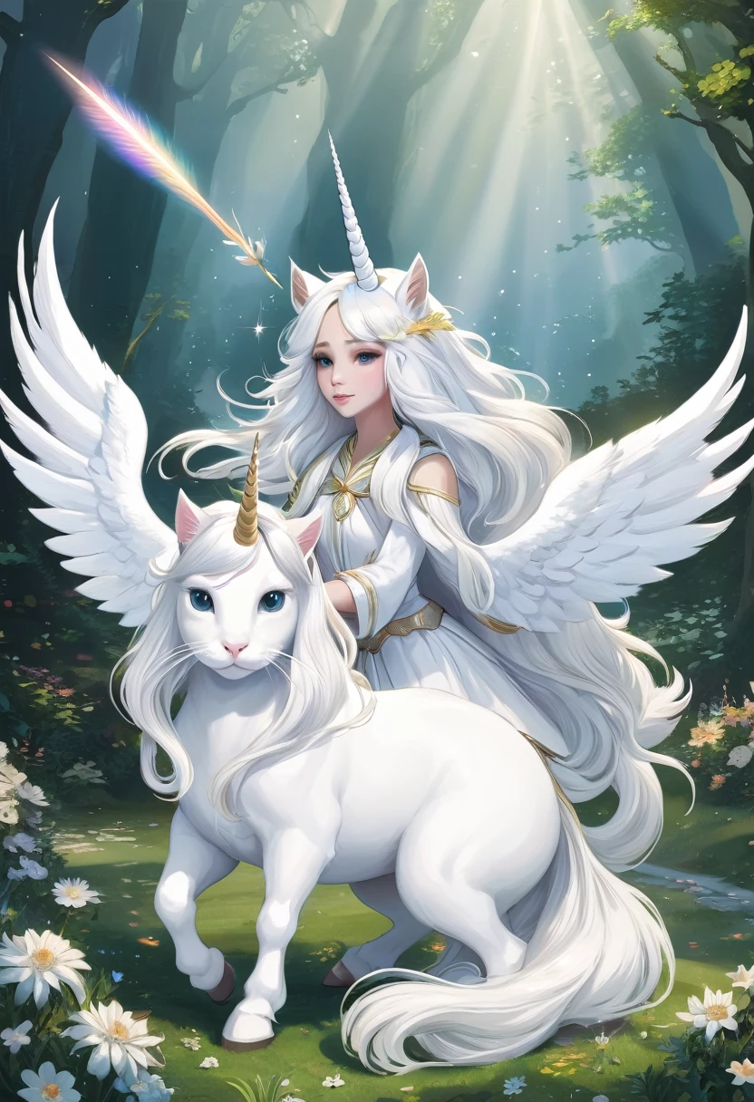 A long-haired white unicorn with a white cat with wings