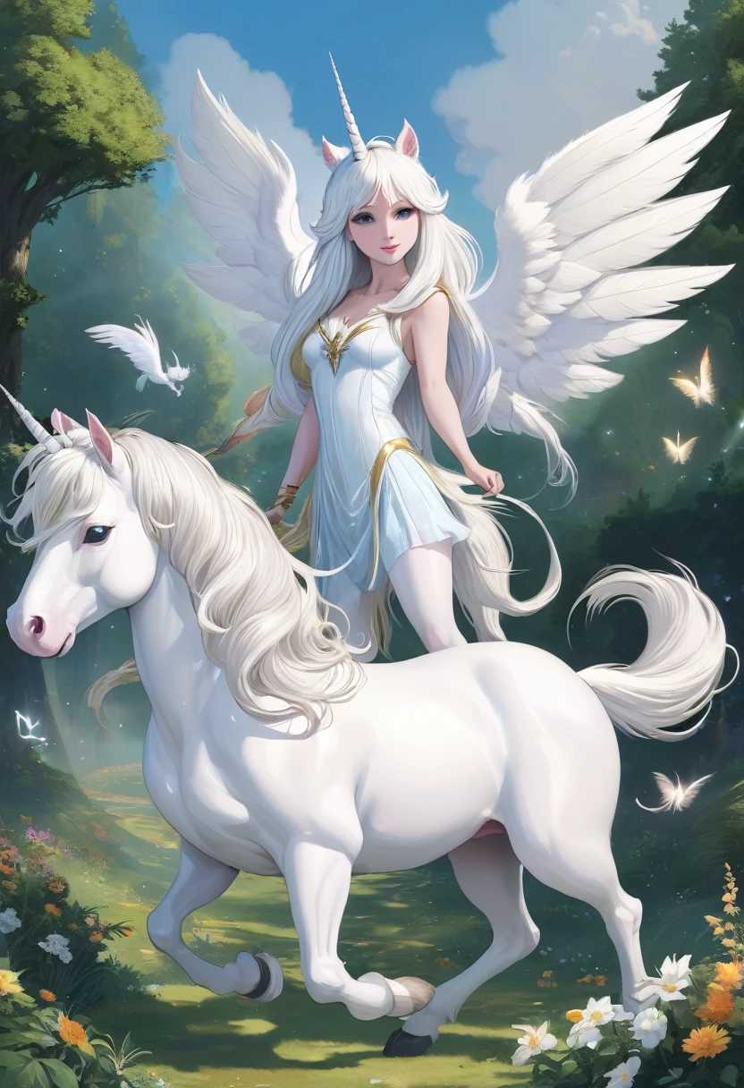 A long-haired white unicorn with a white cat with wings