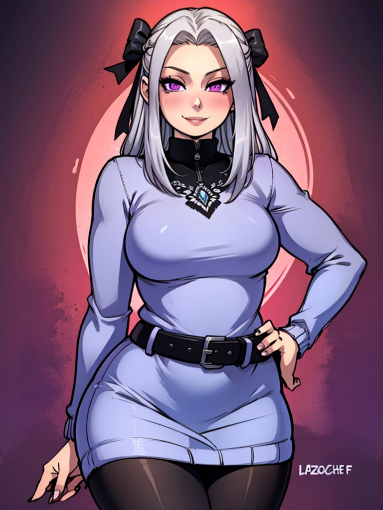 high_aesthetic,art by Lazorchef, ((Masterpiece, best quality, perfect lighting, amazing shading)), perfect anatomy, field of depth, extremely beautiful, long silver hair, hair ribbons, purple eyes, sweater dress, pantyhose, cute smile, (curvy), [belt], blushing, (cowboy shot), (elegant pose), simple background