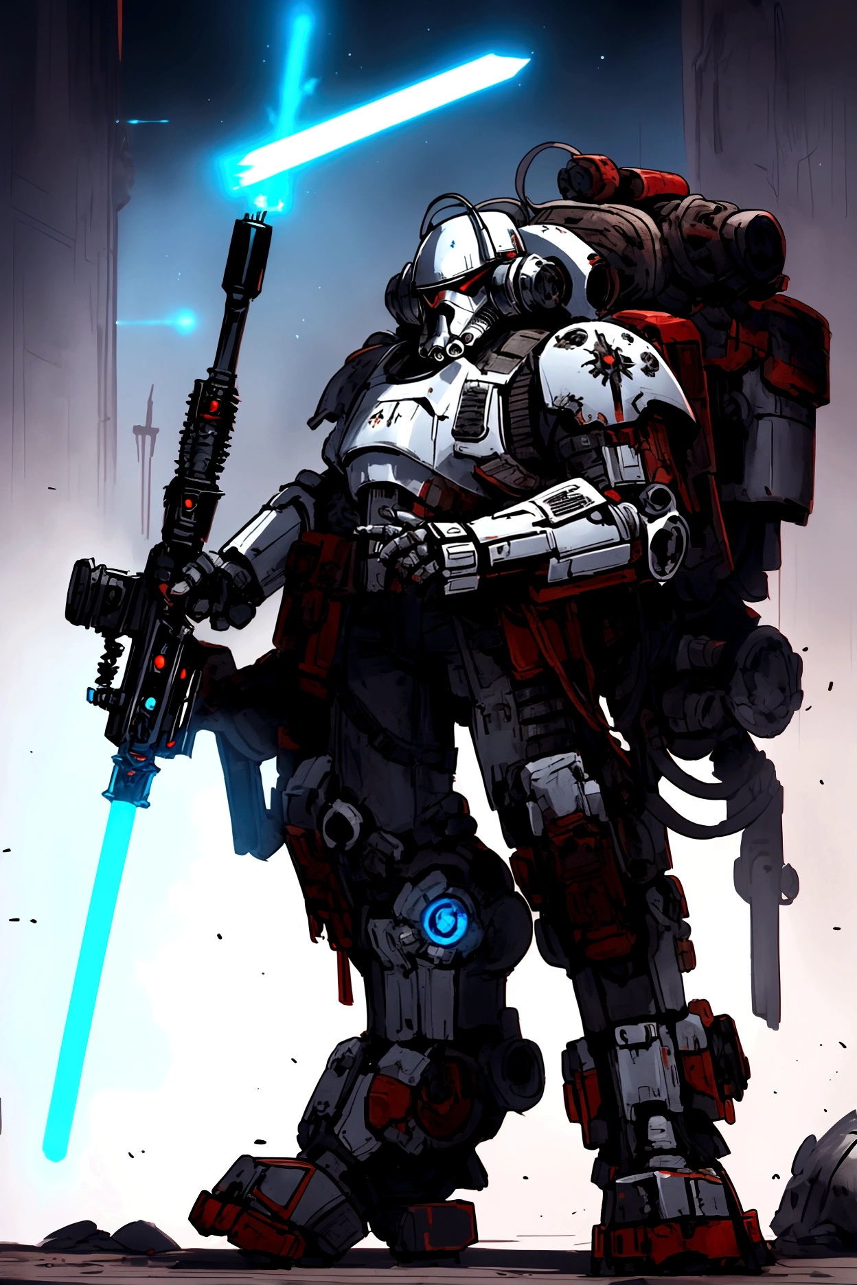 Create an artwork of Tech from Star Wars: The Bad Batch, reimagined in the Warhammer 40,000 universe. Portray him as a venerable Tech-Priest of the Adeptus Mechanicus, standing at full body length. He should be clad in the traditional red robes of the Mechanicus, adorned with arcane symbols and intricate circuitry. His bionic enhancements should be prominently featured, blending Star Wars technology with the gothic, baroque style of Warhammer 40K. He holds a holographic laptop in one hand, its glowing blue interface contrasting with the dark, grim setting. Include elements like servo-arms, cog-tooth motifs, and a mechanical staff. The background should evoke a dark, industrial forge world, with towering manufactorums and the omnipresent glow of forge fires. Ensure the atmosphere is grim and imposing, capturing the essence of both universes.