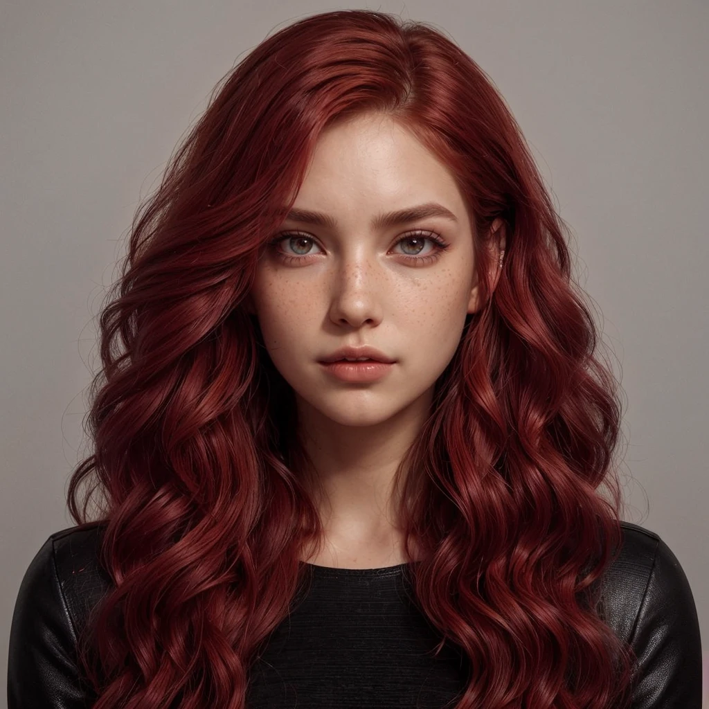 Create a woman with long wavy wine red hair, amber eyes, beautiful face with few freckles, slightly pointed ears,and is wearing a tight black dress.4 k realistic