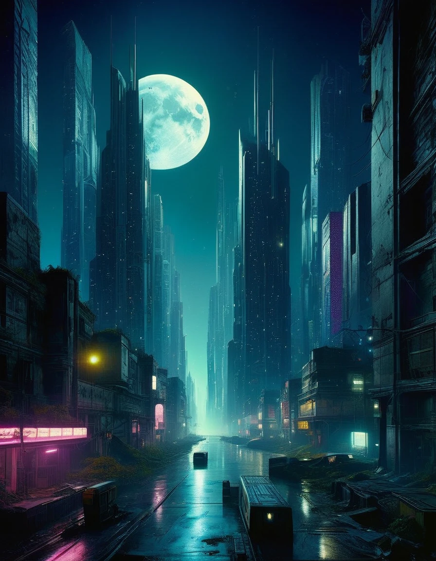 a vast abandoned futuristic metropolis, towering skyscrapers, crumbling infrastructure, neon lights, dark alleyways, mysterious figures, surreal and fantastical elements, a medium-sized full moon in the night sky, twinkling stars, cinematic lighting, oil painting, (best quality,4k,8k,highres,masterpiece:1.2),ultra-detailed,(realistic,photorealistic,photo-realistic:1.37),cinematic,dramatic,moody,dark,mysterious,magical,fantastic,surreal,Bill Sienkiewicz inspired