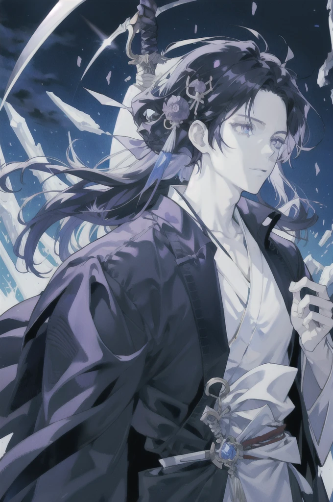 Anime, demon slayer, crystal around him, crystal in his hair, young man, blue purples eyes, white black hair, calm, upper body , sword in his hand, wear a kimono