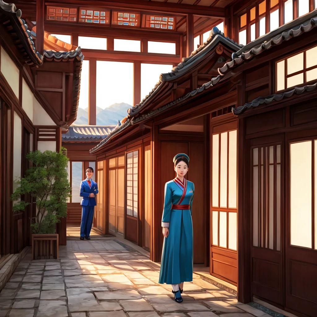 Beautiful Korean woman wearing elegant clothes、A romantic scene with a handsome North Korean soldier。In the background is a traditional North Korean house