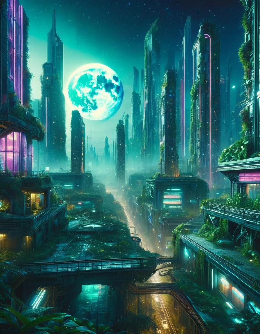 a futuristic abandoned city, cyberpunk, neon lights, glowing windows, dilapidated skyscrapers, crumbling infrastructure, overgrown vegetation, magical energy fields, surreal atmosphere, night sky, full moon, twinkling stars, cinematic composition, dramatic lighting, oil painting, photorealistic, (best quality,8k,highres,masterpiece:1.2),ultra-detailed,(realistic,photorealistic,photo-realistic:1.37),cinematic,moody,dramatic,atmospheric,fantasy,surreal