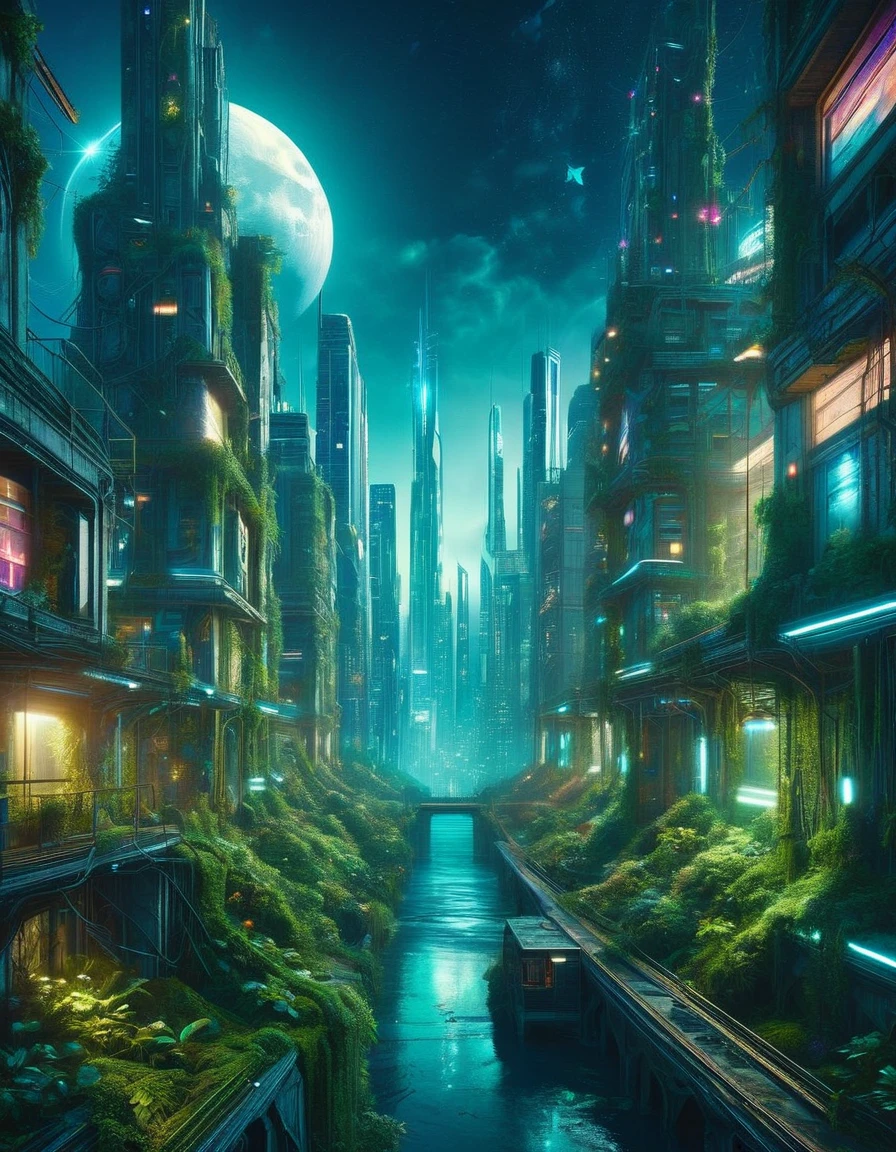 a futuristic abandoned city, cyberpunk, neon lights, glowing windows, dilapidated skyscrapers, crumbling infrastructure, overgrown vegetation, magical energy fields, surreal atmosphere, night sky, full moon, twinkling stars, cinematic composition, dramatic lighting, oil painting, photorealistic, (best quality,8k,highres,masterpiece:1.2),ultra-detailed,(realistic,photorealistic,photo-realistic:1.37),cinematic,moody,dramatic,atmospheric,fantasy,surreal