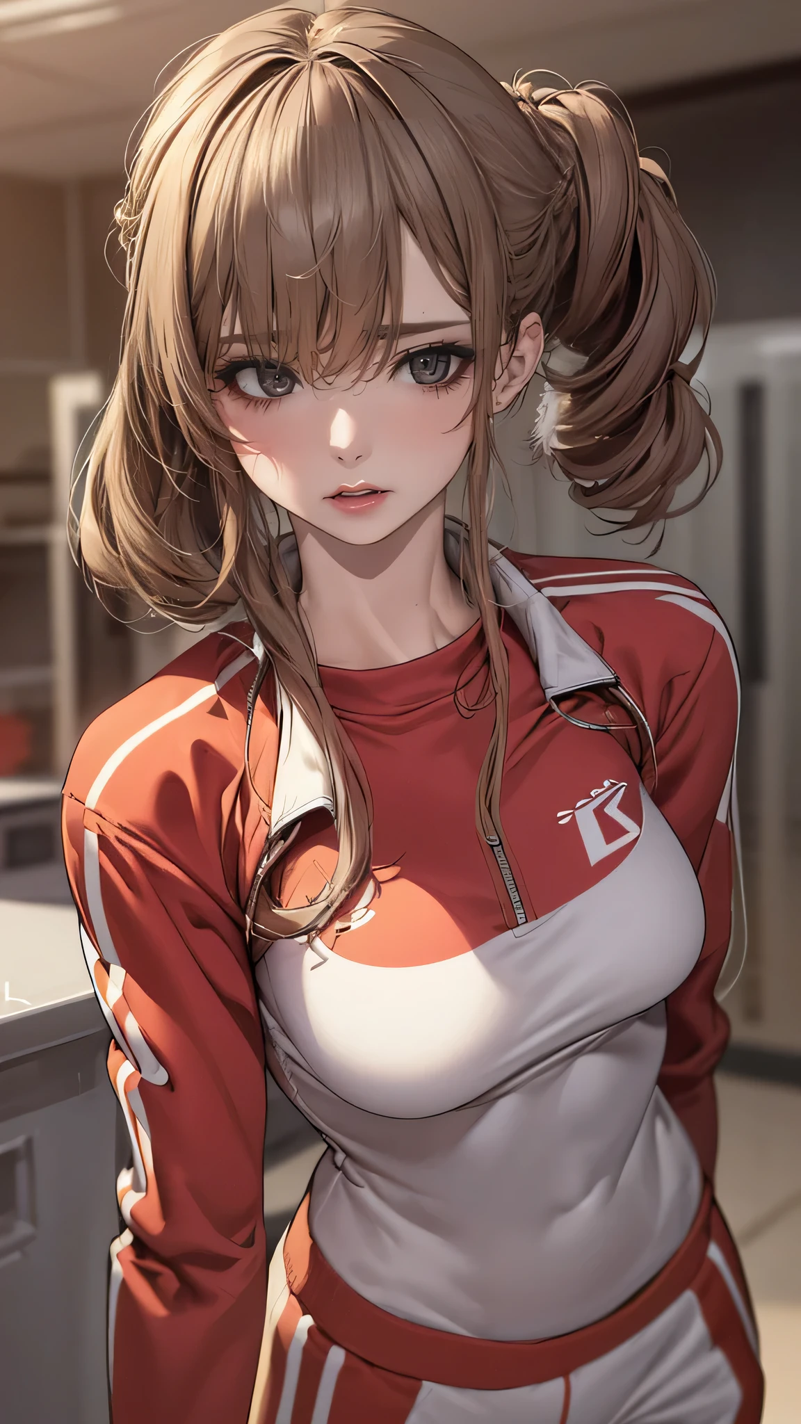 locker room,track suit,(Thin type:1.5),(large breasts),(random hairstyle),(Highest image quality,(8K), Ultra-realistic, Best Quality, High quality, High Definition, high quality texture, high detailing, Beautiful detailed, fine detailed, extremely details CG, Detailed texture, realistic representation of face, masterpiece, presence)