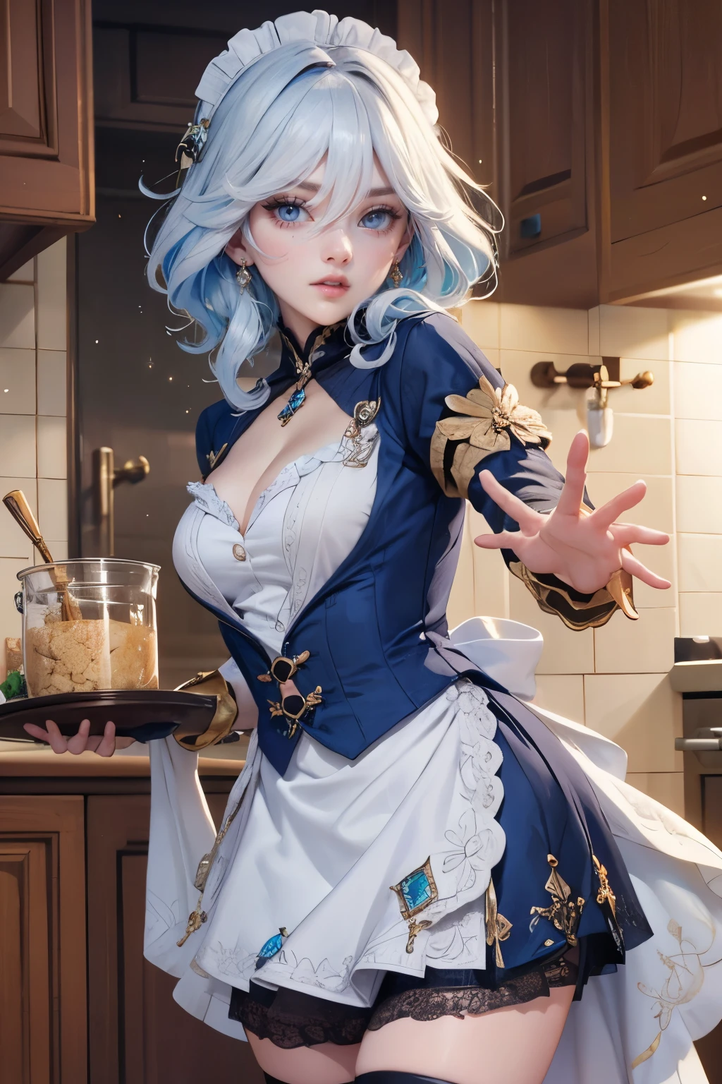 1girl, white roses, ornament hair, white roses on her hair, perfectly body, perfectly hands, white hair, blue hair, wave hair, long hair, ornament hair, long hair, Looking at the viewer, flowing hair, Beautiful Eyes, Plump and glossy lips, maid, maid dress, maid headdress, maid apron, white dress with too many frills, black dress, blue laces, white Short skirt, Drape clothes, blue gem, Lace trim, kitchen, luxury gold details, gold jewelry, more details, best quality, Big sparkling eyes, blushing, white Striped Lace Stockings, blue Lolita skirt, sparkle, solo, centered girl, cowboy shot, upper body portrait, perfectly body, perfectly hands, two arms, two legs, two hands, five fingers, perfect anatomy, glowing hair, white roses, maid, maid dress, dress, solo, flowing hair, floating hair, ornament hair, perfectly body, perfectly hands, on the kitchen, sparkles, more details on her clothes, white dress with transparency, golden details on her dress, night, tray with juice, ((4k, masterpiece, top-quality)), 8k, best quality, high resolution, UHD, (illustration:0.8), super cute girl, delicate and beautiful face, mature girl, super cute hairstyle, (beautiful detailed eyes:1.6), extremely detailed face, perfect lighting, extremely detailed CG, (perfect hands, perfect anatomy), Best quality, cleavage, small skirt, full Body, two arms, two legs, two hands, five fingers