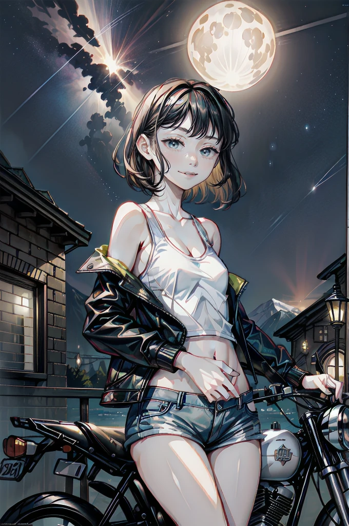 (cowboy shot), (Perfect Anatomy, top-quality、The ultra -The high-definition、high resolution、extremely details CG、8K Unit Wallpapers), mature 20-year-old, solo, Beautiful detailed eyes, black hair, short bob hair, blunt bang, (small breasts, slender body, athletic), gleaming skin, oily skin,( punk fashion, leather jacket, tank top、micro shorts), (drive a motorcycle,Harley-Davidson), on road at night, Starry Sky with Mountains and Lake, Jessica Rossier, Inspired by Jessica Rossier, Jessica Rossier Fantasy Art, Concept Art Magic Highlights, Official Artwork, Dream Painting, Ethereal Realm, Atmospheric artwork, dreamy matte paintings, serene endless stars inspired by Ted Nasmith, moonlit starry environments, epic music album covers.
