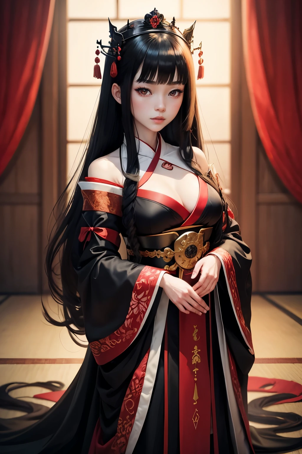 Female, long curled black hair, red eyes, pale skin, japanese royalty dress,  princess crown