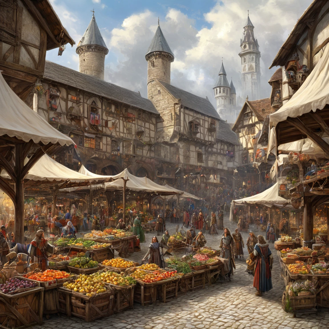 ((best quality)), ((masterpiece)), ((realistic,digital art)), (super detailed), (large market on a large square), (style medieval fantasy)