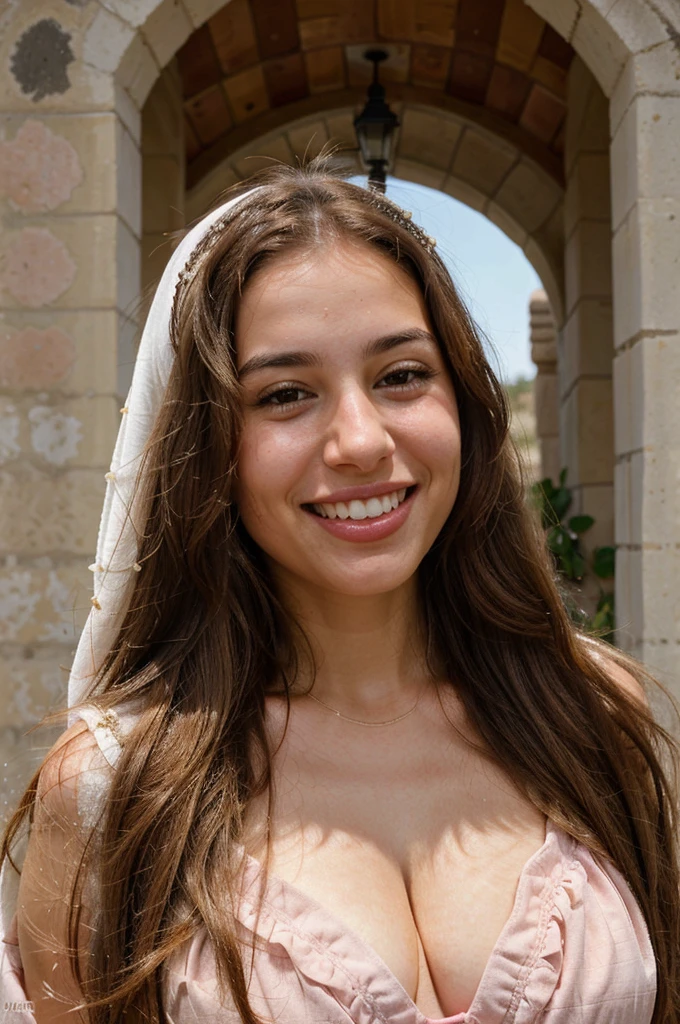 a photo-realistic portrait of a beautiful Palestinian woman with long brown hair, pink dress, white teeth, and a cute smile, with highly detailed and realistic facial features, modest expression, and realistic white skin tone