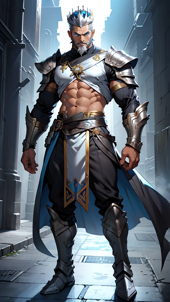 young muscular man, rectangular body, trapezoidal head, with blue eyes, Latin features with a gunslinger-style beard and short silver hair, wearing silver armor and a golden crown and tanned skin, posing standing, full body image