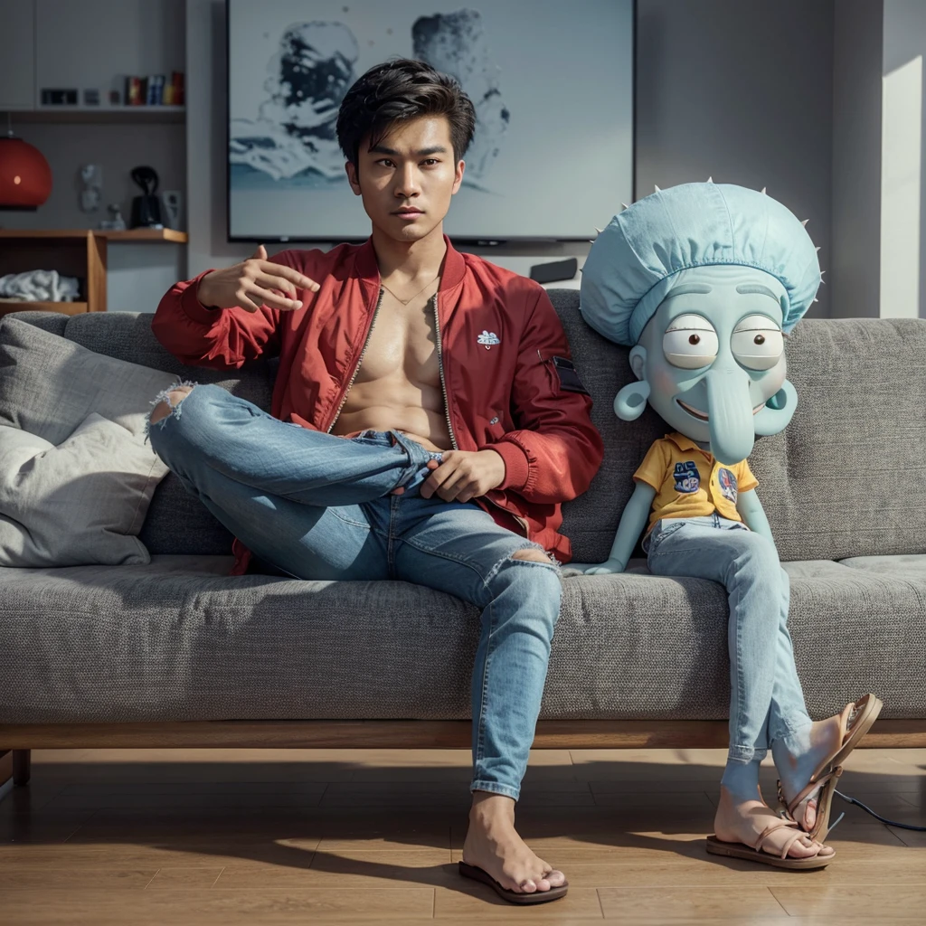 Hyperrealistic 3d of an asian man,25 years old, short and spiky hair, wearing a red bomber jacket, blue jeans and flip-flops, sitting relaxed on the long sofa while holding the TV remote, Next to him sits the character Squidward with a bored face ,the background of the family room with the best lighting, UHD,4k,cinematic