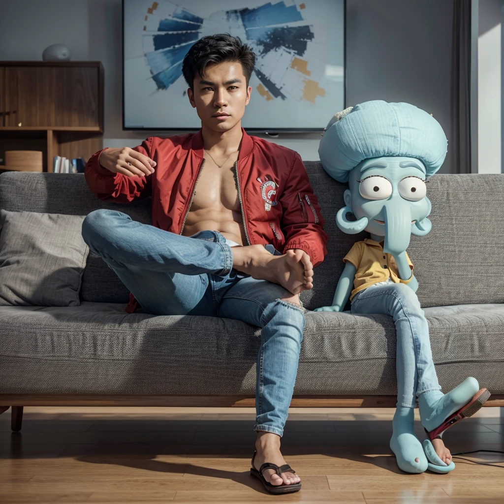 Hyperrealistic 3d of an asian man,25 years old, short and spiky hair, wearing a red bomber jacket, blue jeans and -flops, sitting relaxed on the long sofa while holding the TV remote, Next to him sits the character Squidward with a bored face  ,the background of the family room with the best lighting, UHD,4k,cinematic