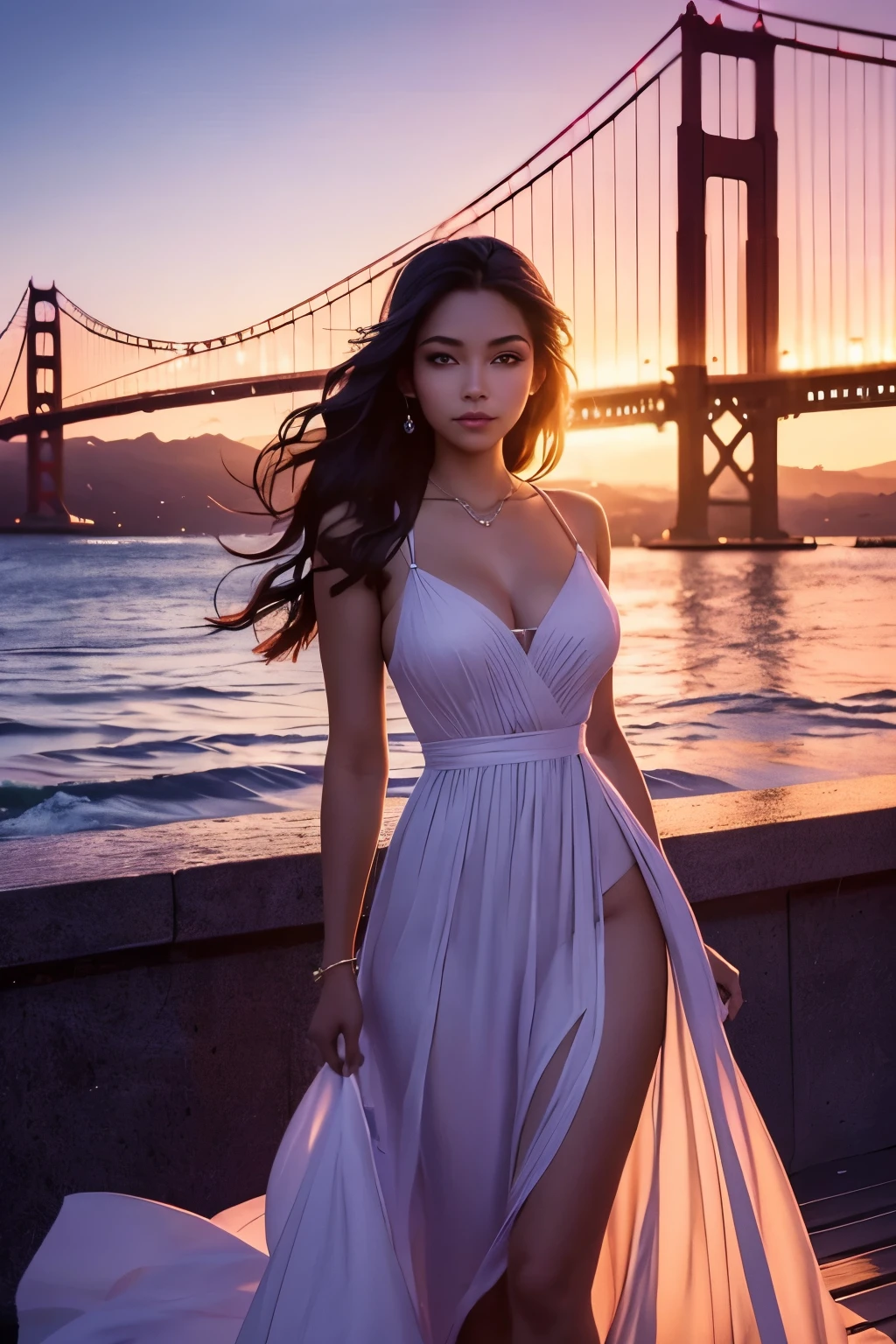 A captivating vision emerges as a radiant beauty stands on the serene shore, silhouetted against the backdrop of a scarlet sunset. The sun, a brilliant orb in the distance, casts a mesmerizing rainbow light upon the iconic bridge of San Francisco, its towering structure bathed in a neon glow. The graceful girl, dressed in a tantalizingly short, seductive dress, is ever so slightly separated from the bridge, her gaze fixed and alluring, directed straight at the camera lens. The color of her eyes mirrors the tranquil hues of the twilight sky, reflecting her inner peace and mature sophistication. Gentle breezes