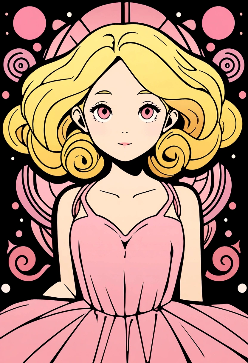 An iconic logo of a wearing a pink dress, short curly hair and blonde, design simples, vectorial art, Minimum