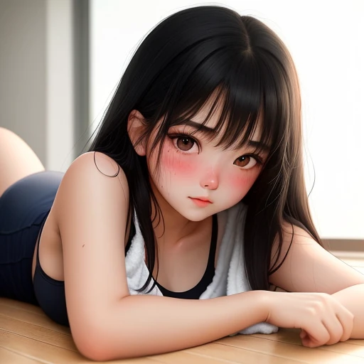 On floor. Girl with sweat on blushing face. Use towel. Sexy vibes.
18-year-old girl, Detailed face, Detailed eyes, double eyelid, cute, hot-seductive-sexy-beautiful-girl with black hair and blushing face. Intimate vibes.