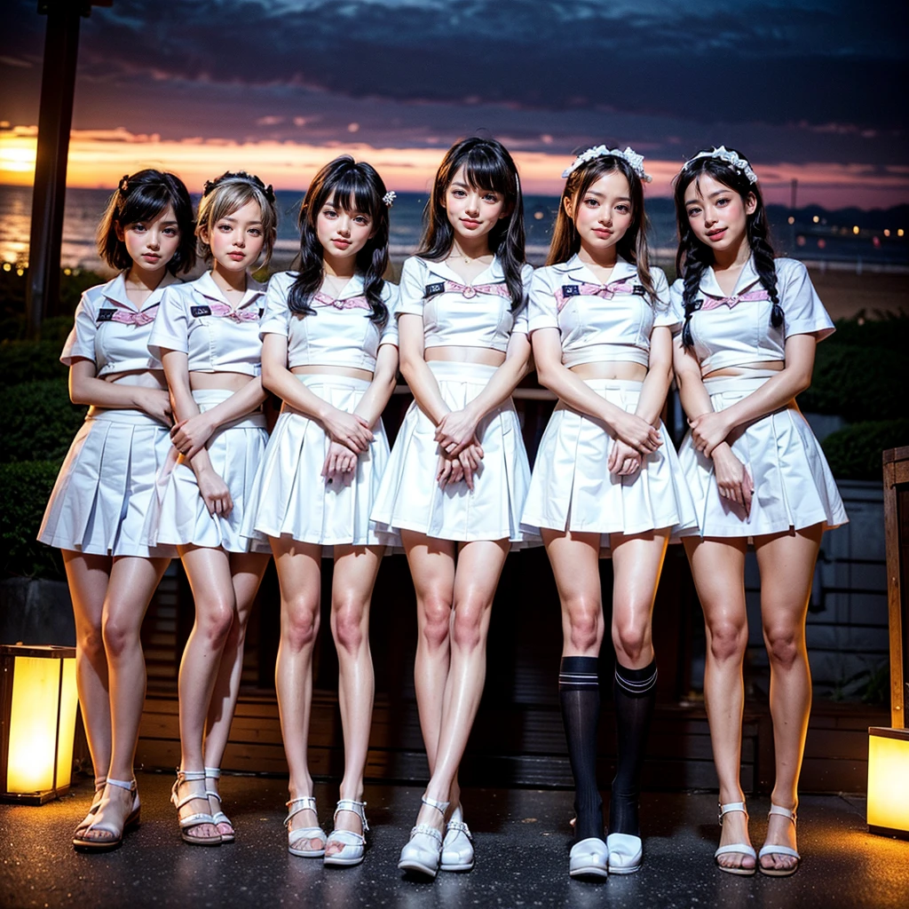 ((ExtremelyDetailed (12 KAWAII Girls in a row:1.37) in WHITE at Dusk Enoshima Beach)), (masterpiece 8K TopQuality) (ProfessionalPhoto:1.37), {(Standing Full Body:1.2)|(from below:1.2)}, Different types of hair colors, {School Uniform|naked bandage|tutu}, PUNIPUNI, Joyful Expressions LifeLike Rendering, PerfectLighting, (Upskirt:0.22), [RainbowColorHorizon]