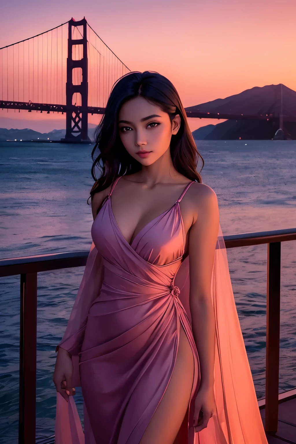 A captivating vision emerges as a radiant beauty stands on the serene shore, silhouetted against the backdrop of a scarlet sunset. The sun, a brilliant orb in the distance, casts a mesmerizing rainbow light upon the iconic bridge of San Francisco, its towering structure bathed in a neon glow. The graceful girl, dressed in a tantalizingly short, seductive dress, is ever so slightly separated from the bridge, her gaze fixed and alluring, directed straight at the camera lens. The color of her eyes mirrors the tranquil hues of the twilight sky, reflecting her inner peace and mature sophistication. Gentle breezes